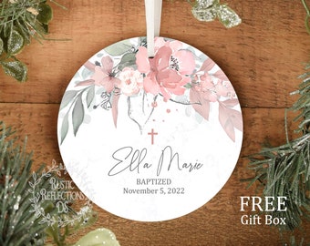 Custom Baptism Girl Gift, Personalized Cross Porcelain Ornament, Catholic Baptism Gift, Gift to Godchild, Goddaughter, Gift Keepsake    OR09