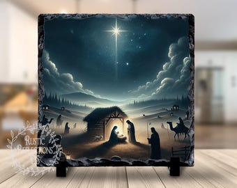 NATIVITY Scene on Slate, Christmas Holiday Decor, Religious Gift, Christian Keepsake, Unique Xmas Decor, Jesus Christ Birth, Manger Scene