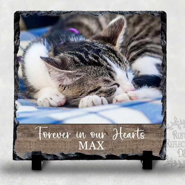 PERSONALIZED Cat Memorial Stone, Forever in our Hearts, Pet Loss Gift, Dog Sympathy Photo Gift, Photo Stone Slate, Memorial Garden Plaque