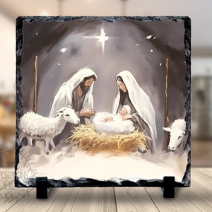 NATIVITY Scene on Slate, Modern Xmas Holiday Decor,  Jesus Mary Joseph, Christ birth, Religious Gift, Christian Keepsake, Minimalist Style
