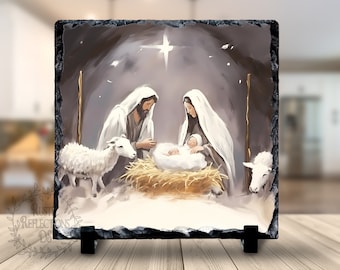 NATIVITY Scene on Slate, Modern Xmas Holiday Decor,  Jesus Mary Joseph, Christ birth, Religious Gift, Christian Keepsake, Minimalist Style