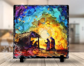 Colorful NATIVITY Scene on Slate, Modern Holiday Decor, Christian Keepsake, Catholic Gift, Holy Family, Shepherd, Gift for her, Pastor Gift