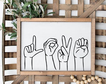 Love Sign Language Sign, Sign Language Sign, Love Wood Sign, Modern Valentines Day Decor, Valentine Gift Ideas, Love Wooden Sign, Home Decor