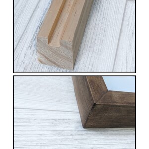 May include: Close-up of two wooden picture frames showing the mitered corners and routed backings. The text "Our Framing Process" and "How are our frames different?" is visible above the images. The text below the images reads "Each frame is handmade in our workshop constructed from white pine. We exclusively use mitered corners and routed backings, resulting in superior stabilization and durability."