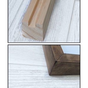 Może przedstawiać: Zbliżenie na dwa drewniane ramki do zdjęć, pokazujące skosowane rogi i frezowane plecy. Tekst "Our Framing Process" i "How are our frames different?" jest widoczny nad obrazami. Tekst pod obrazami brzmi "Each frame is handmade in our workshop constructed from white pine. We exclusively use mitered corners and routed backings, resulting in superior stabilisation and durability."