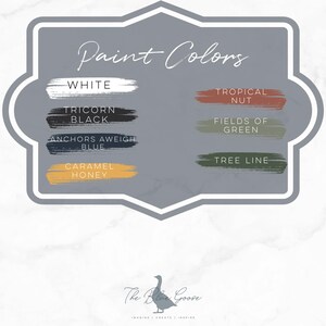 May include: A chart with the title "Paint Colors" showing ten paint color swatches with their names: White, Tricorn Black, Anchors Aweigh Blue, Caramel Honey, Tropical Nut, Fields of Green, Tree Line. The chart is on a gray background with a decorative border.
