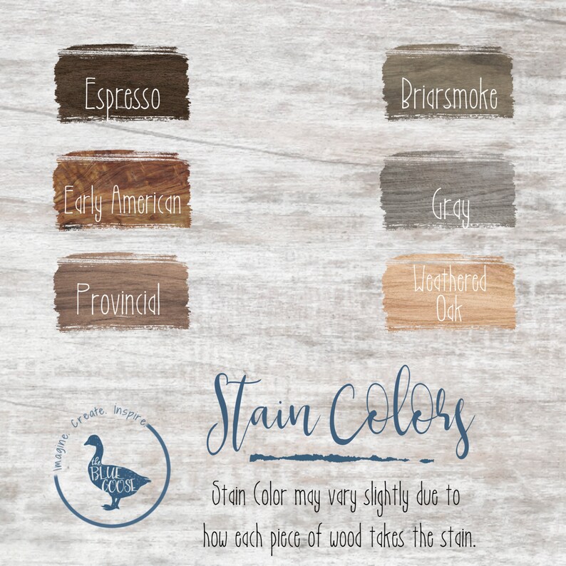 K&ouml;nnte beinhalten: Eine Farbkarte f&uuml;r Holzbeizen mit Namen wie Espresso, Briarsmoke, Early American, Grau, Provincial und Verwittertes Eichenholz. Die Karte befindet sich auf einem hellen Holzhintergrund mit einem blauen G&auml;nselogo unten.