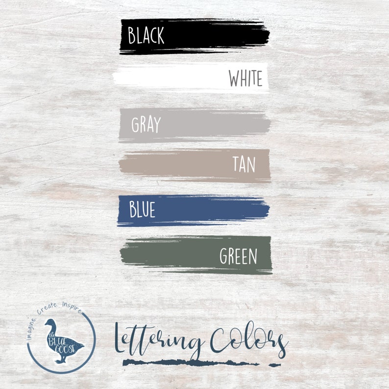 K&ouml;nnte beinhalten: Eine Farbkarte mit Schriftfarben f&uuml;r ein Bastelprojekt. Die Farben sind Schwarz, Wei&szlig;, Grau, Braun, Blau und Gr&uuml;n. Der Text "Lettering Colors" steht unter der Karte.