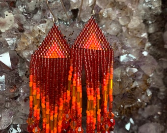 Red Sunset Beaded Earrings | Miyuki Beadwork, Sterling Silver