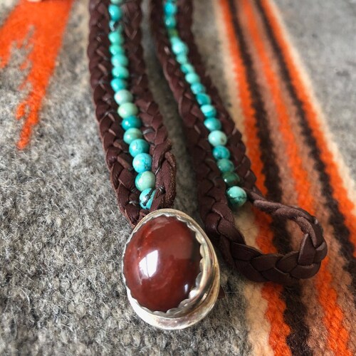 Turquoise leather braided wrap shops bracelet with carnelien silver button