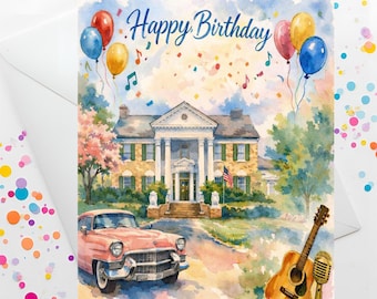 Elvis graceland Birthday watercolour Card, Printable 5x7 Greeting (Digital Download)