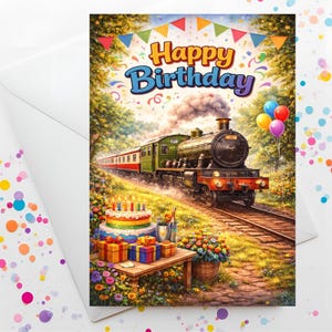 May include: A birthday card featuring a vintage green and black steam train with the words "Happy Birthday" in colorful lettering. The card also includes a birthday cake, presents, balloons, and flowers, all set against a scenic background.