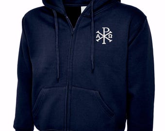 Sudadera con capucha bordada Christian Chi Rho con logotipo bordado.
