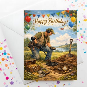May include: A birthday card featuring an illustration of a person using a metal detector. The card reads "Happy Birthday!" and includes images of treasure, a shovel, and balloons. The background shows a lake and a castle.