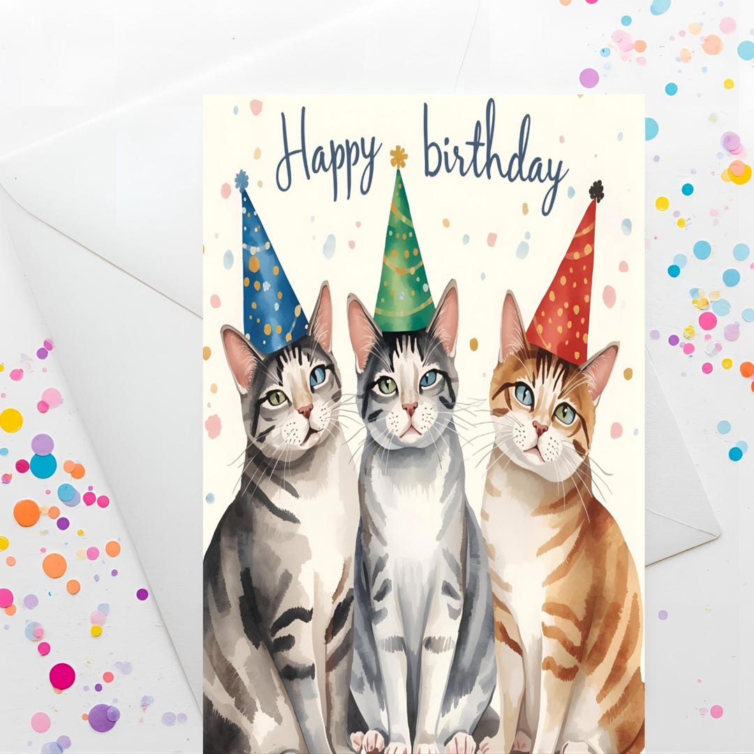 Cute Cats Birthday Card, Watercolor Art (digital Download) - Etsy