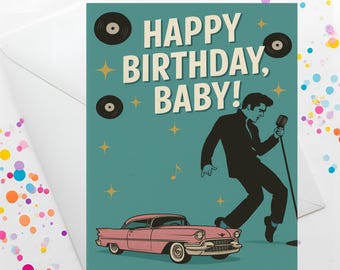 Tarjeta de cumpleaños de Elvis, diseño retro de bebé, tamaño 5x7 (descarga digital)
