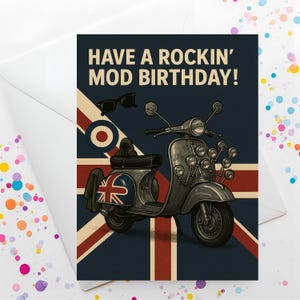 May include: Greeting card with a vintage scooter illustration. The card features the text "Have a Rockin' Mod Birthday!" and a Union Jack design. Includes sunglasses and a retro design.