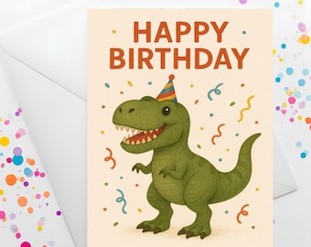 May include: A birthday card featuring a green cartoon dinosaur wearing a party hat. The words "HAPPY BIRTHDAY" are printed in orange above the dinosaur. Colorful confetti and a white envelope complete the design.