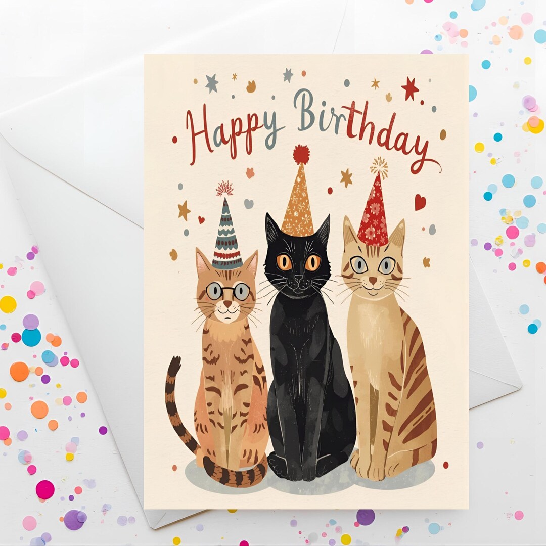 Cats in Hats Birthday Card, Printable 5x7 Greeting (digital Card ...