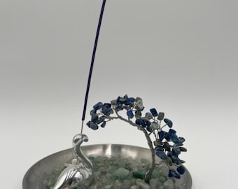 Beaded Incense Burner - Silver Swan - Lapis Lazuli Bonsai tree