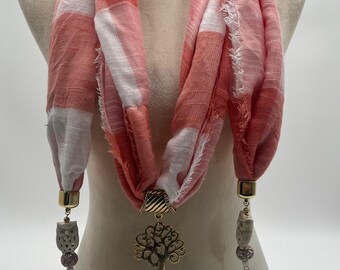 Coral Plaid Elm - Open with Caps Scarf Necklace