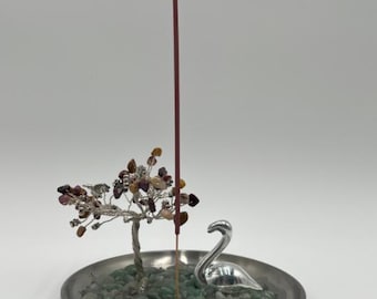 Beaded Incense Burner - Silver Swan - Burgundy mix tree