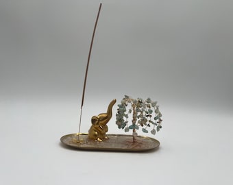 Beaded Incense Burner - Golden Elephant - Blue Weeping Willow Tree
