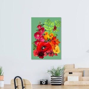 Loros, flores rojas. Impresión.