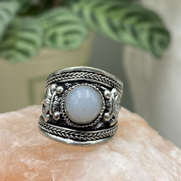 Moonstone Tibetan Ring / Hippie Boho Ring / white stone Nepalese Ring / Ethnic Ring / Handmade Bohemian Ring