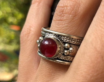 Ethnic Red Stone Ring / Tibetan Handmade Ring / Hippie Boho Ring / Nepalese Jewellery / bohemian ring