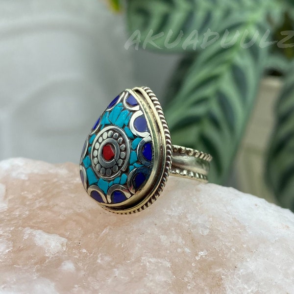 Turquoise Tear drop shape Ring / ethnic Ring / Handmade Tibetan Ring / Hippie Boho Ring /  made in Nepal / bohemian jewellery