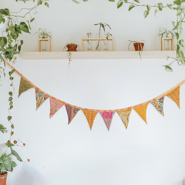 Upcycled Sari Flags Bunting | Bohemian Wall Decor | Handcrafted in Nepal | Garlands for Birthdays, Weddings, Garden Parties