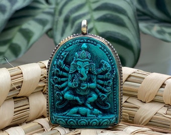 Handgesneden Ganesha-hanger, Nepalese turquoise boho-ketting