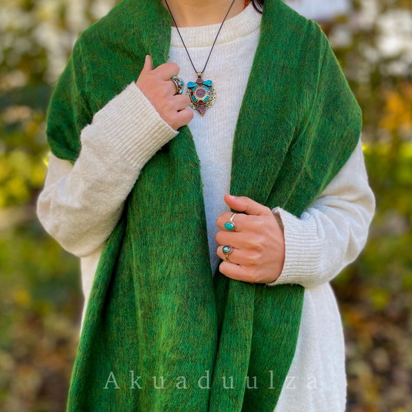 Bufanda nepalí de lana de yak verde esmeralda / Manta tejida a mano del Himalaya / Manta cálida grande / Manta suave hippie bohemia
