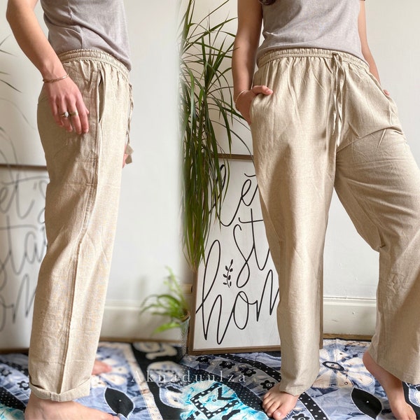 BEIGE CASUAL COTTON Trousers | Plain Wide Leg Unisex Pants | Hippie Boho Style | Festival Yoga Pants | Bohemian trousers made in Nepal
