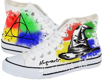 Harry potter inspired hand painted shoes / Hogwarts / The Sorting Hat design painted summer shoe