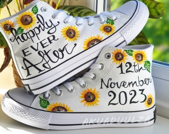 PERSONALISED WEDDING SHOES / Custom Wedding Date / Sunflowers Bridal trainers / Happily Ever After / wedding Party gift ideas