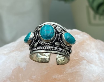 Three Stones Turquoise Tibetan Ring / Hippie Boho Ring / Nepalese handmade Ring / Ethnic Gipsy Ring / Turquoise Bohemian Ring