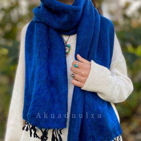 COBALT BLUE Yak Wool Shawl / Handmade in Nepal / Himalayan Shawl / Large warm scarf / Hippie Boho soft Meditation Shawl