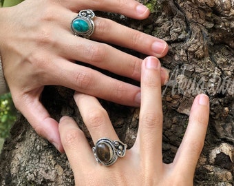 Handmade Tibetan Ring / Hippie Boho Ring / Nepalese Ring / Ethnic Ring / Turquoise - Tiger Eye stone bohemian ring
