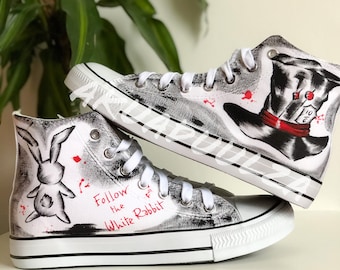 Alice in Wonderland inspired design / Mad Hatter /  Follow The White Rabbit hand painted shoes