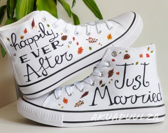 AUTUMN themed WEDDING Shoes / Hand-painted shoes / Bridal Custom trainers / Falling autumn leaves / Just Married / Happily Ever After