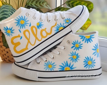 PERSONALISED NAME hand painted shoes / DAISY flowers canvas Trainers/ Botanical Boho / Floral design Custom made / Spring summer Gifts