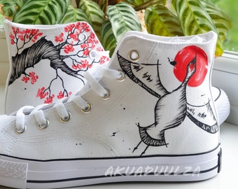 Japanese CRANE and cherry blossom handpainted shoes / Custom trainers / Traditional Japanese Art / Sakura,  hanami gift