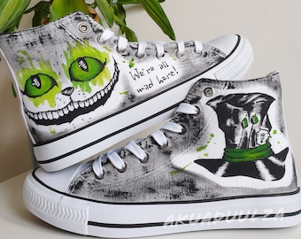 Cheshire cat hand painted shoes / Alice in Wonderland Canvas Shoes/ We're all mad here / Mad hatter/ Custom trainers