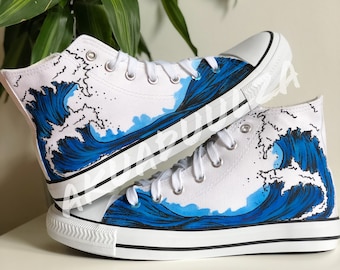 OCEAN WAVE Shoes / Big wave Hand Painted Shoes / Japanese Art inspired illustration / The great Wave /  Seaside Ocean design