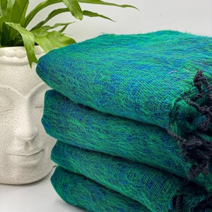 PINE GREEN and BLUE Yak Wool Shawl / Handmade in Nepal / Himalayan Shawl / Large warm scarf / Hippie Boho soft Shawl