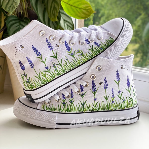 LAVENDER & BEES Hand Painted SHOES / Personalised canvas Trainers/ Botanical Boho Art / Floral design / Weddings, Birthdays custom Gift