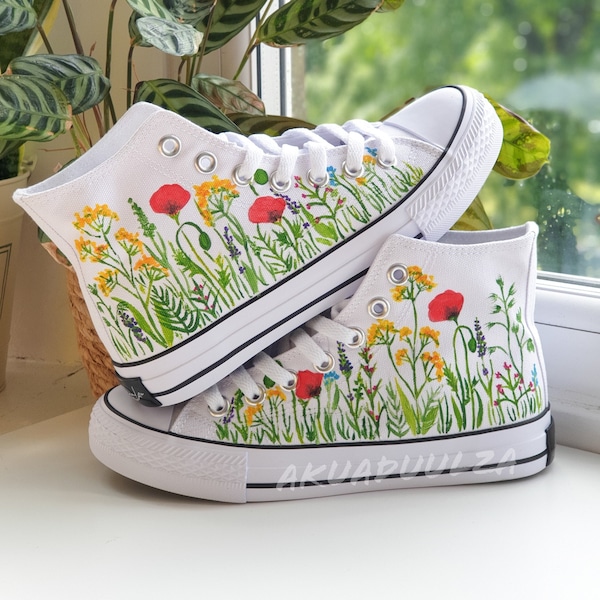 SUMMER WILDFLOWERS hand painted shoes / Personalised canvas Trainers/ Botanical Boho Art / Floral design Custom made / Spring summer Gifts