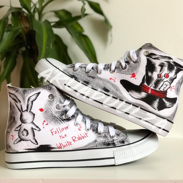 Alice in Wonderland inspired design / Mad Hatter /  Follow The White Rabbit hand painted shoes / Unique gift ideas